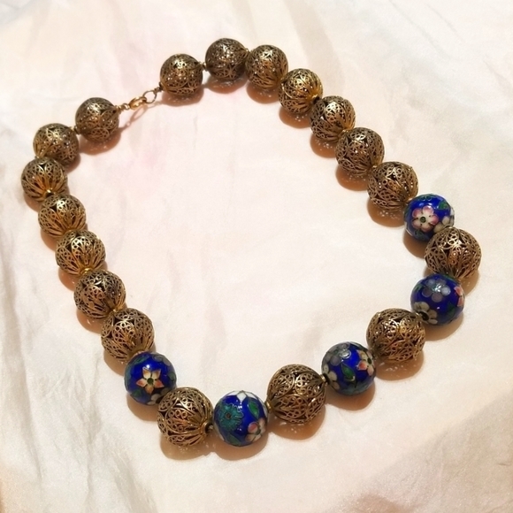 𝅺Antique Chinese Import Cloisonne Filigree Bead Necklace - Picture 3 of 8